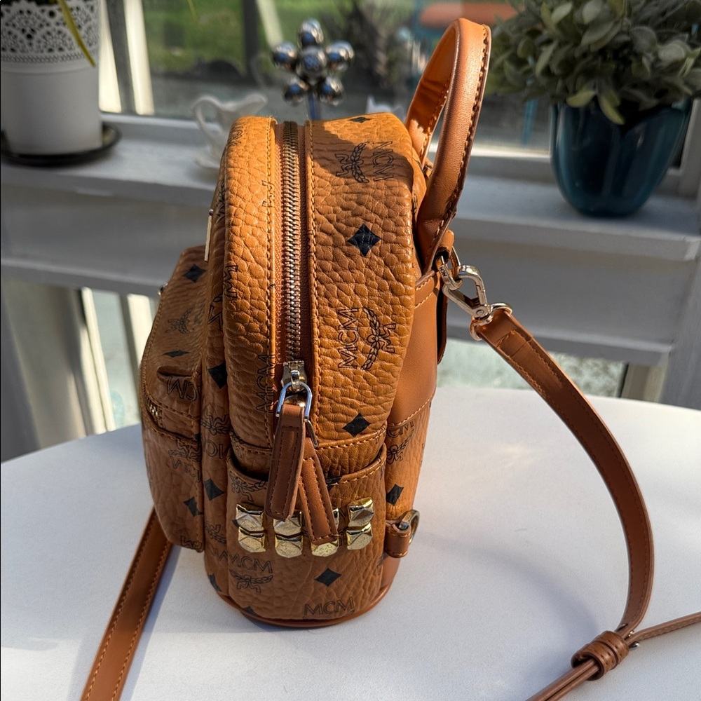 Authentic Mcm Cognac Leather Small Backpack Cross… - image 8